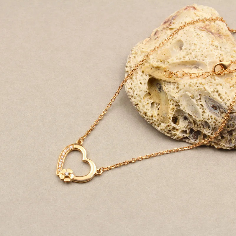 Sterling Silver Heart Pendant Necklace with Flower Detail | Rose Gold Plated