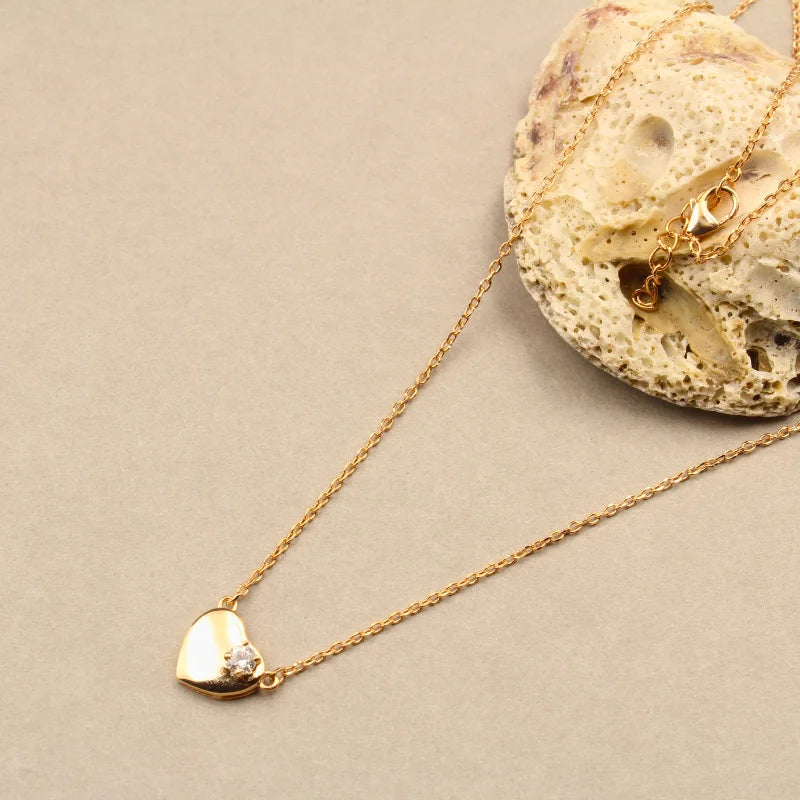 Sterling Silver Puffy Heart Necklace with Zircon Stone | Rose Gold Finish