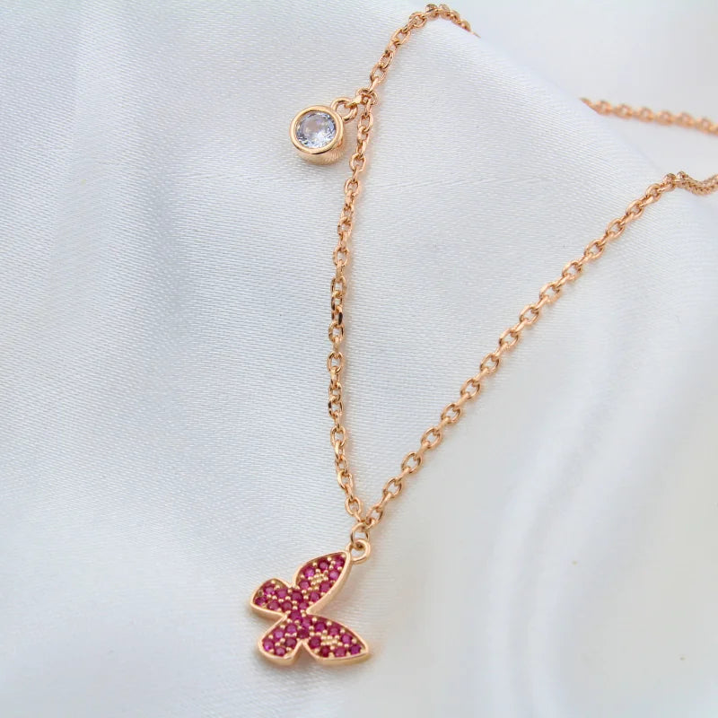 Rose Gold plated Butterfly Pendant Necklace with Pink Crystals