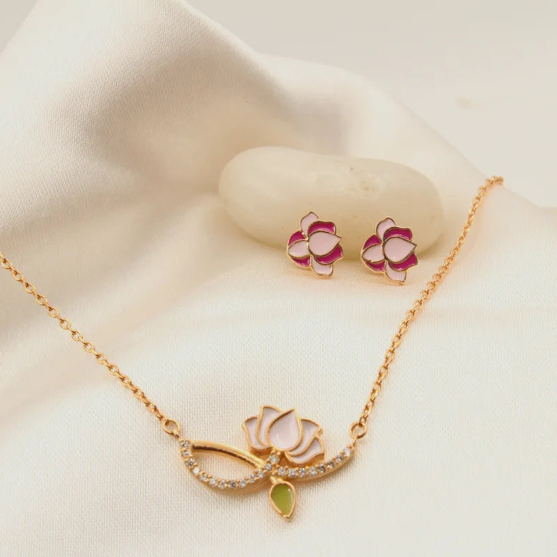 Bloom Grace Lotus Pendant Chain & Earrings Set
