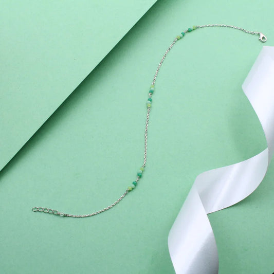 Green Bead Chain Anklet in 925 Sterling Silver