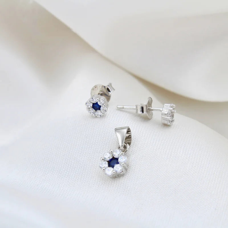 Midnight Bloom Sterling Silver Pendant & Earrings Set with Chain