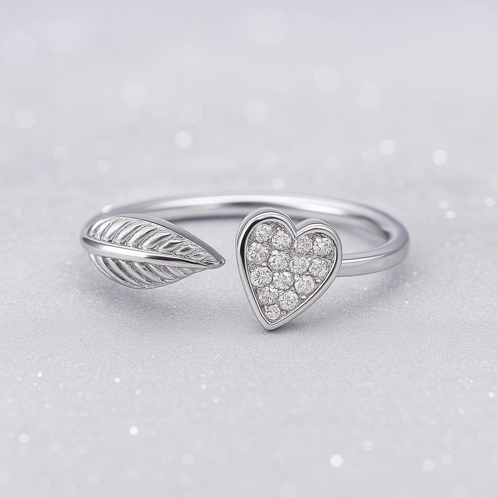 Leaf & Heart Open Ring in 925 Sterling Silver with Rhodium Plating