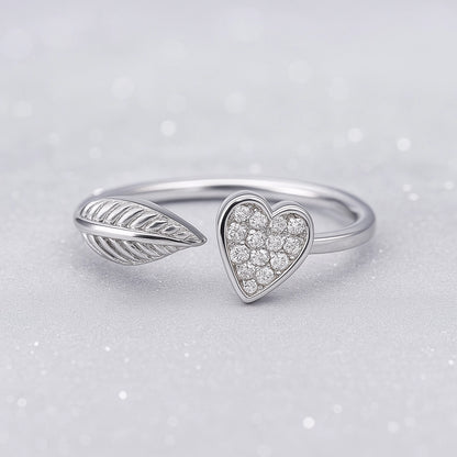 Leaf & Heart Open Ring in 925 Sterling Silver with Rhodium Plating