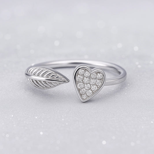 Leaf & Heart Open Ring in 925 Sterling Silver with Rhodium Plating