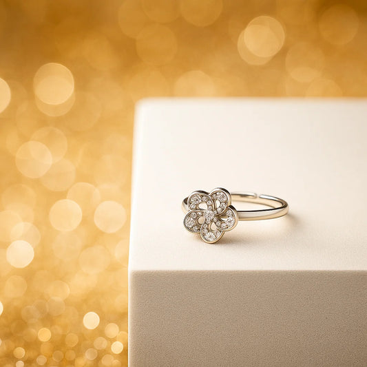 Floral Bloom Adjustable Ring in 925 Sterling Silver with Rhodium Plating