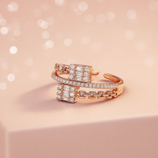 Geometric Chain-Inspired Adjustable Ring in 925 Sterling Silver with Rose Gold Plating