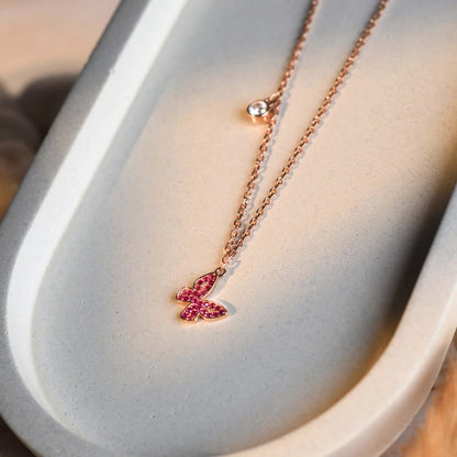 Rose Gold plated Butterfly Pendant Necklace with Pink Crystals