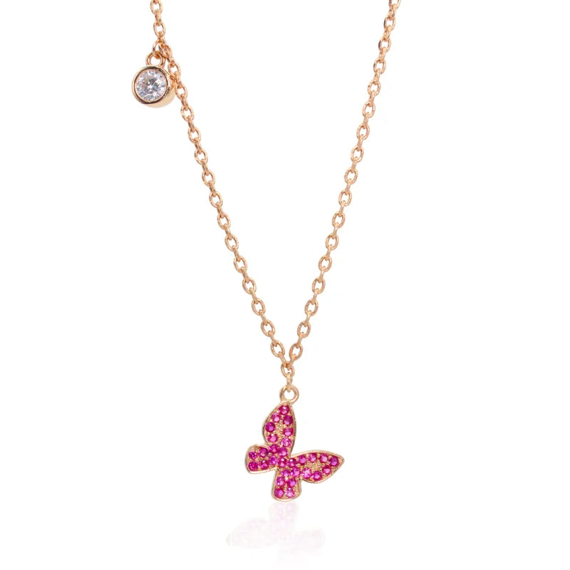 Rose Gold plated Butterfly Pendant Necklace with Pink Crystals