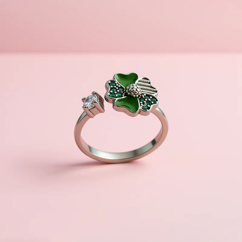 The Tvisa Emerald Clover Glow Ring With Rhodium Plating