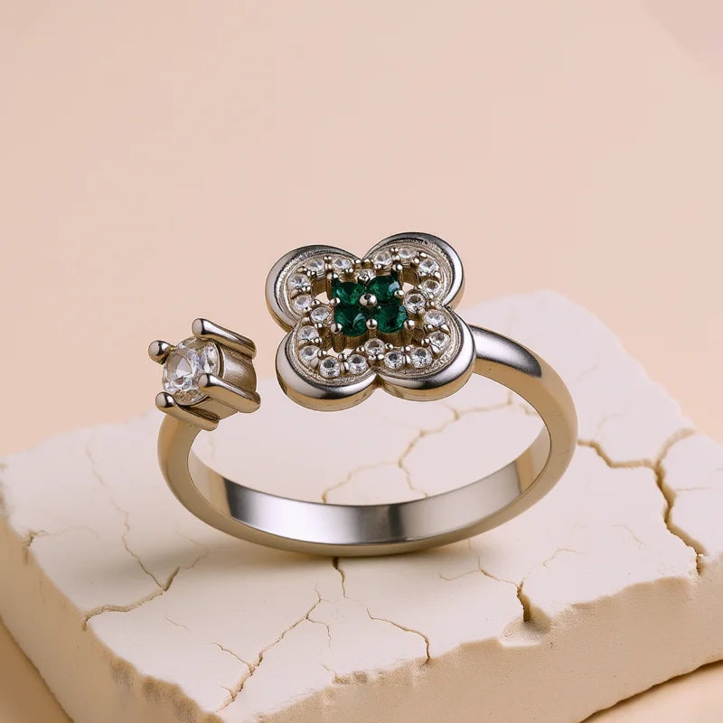 The Tvisa Emerald Blossom Ring With Rhodium Plating