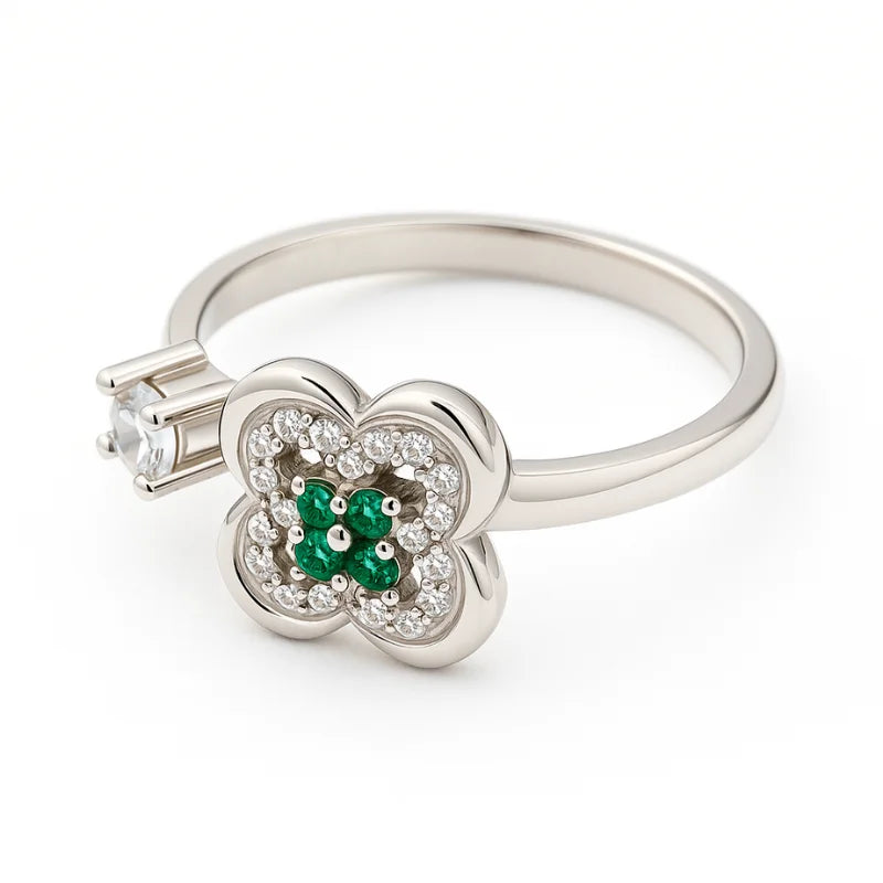 The Tvisa Emerald Blossom Ring With Rhodium Plating