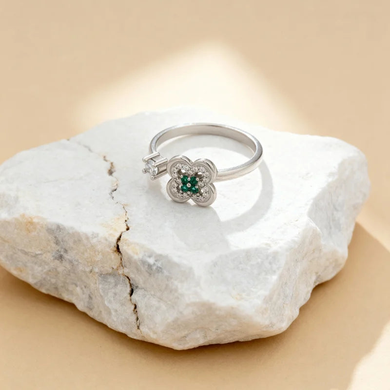 The Tvisa Emerald Blossom Ring With Rhodium Plating