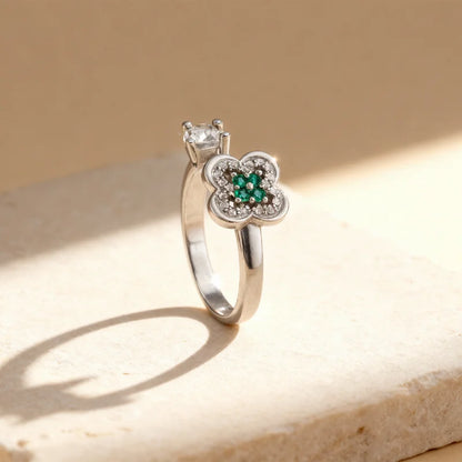The Tvisa Emerald Blossom Ring With Rhodium Plating