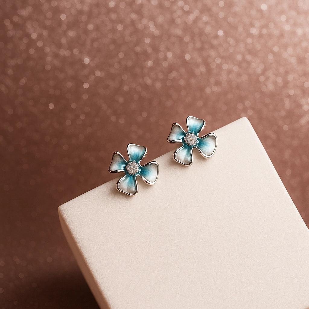 Silver Flower with White and Blue Enamel Earrings