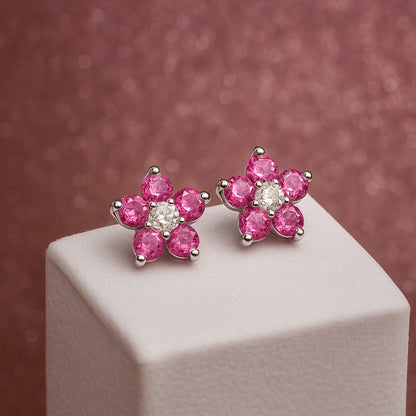 Vibrant Red Stone flower Silver Earrings