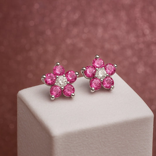 Vibrant Red Stone flower Silver Earrings