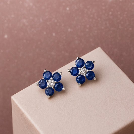 Vibrant  Blue Stone flower Silver Earrings