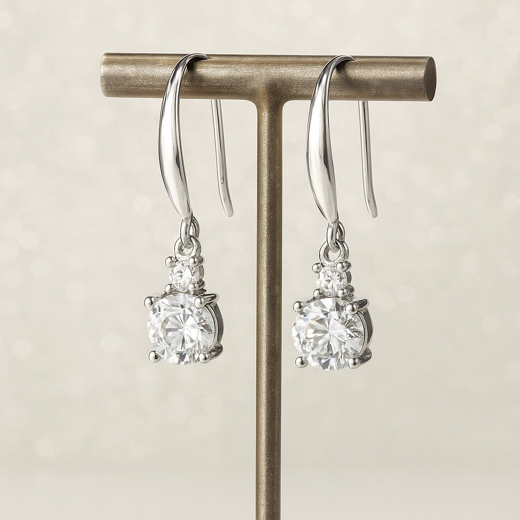 Solitaire Rhodium Plated Silver Fish Hook Earrings