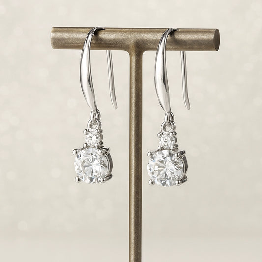 Solitaire Rhodium Plated Silver Fish Hook Earrings