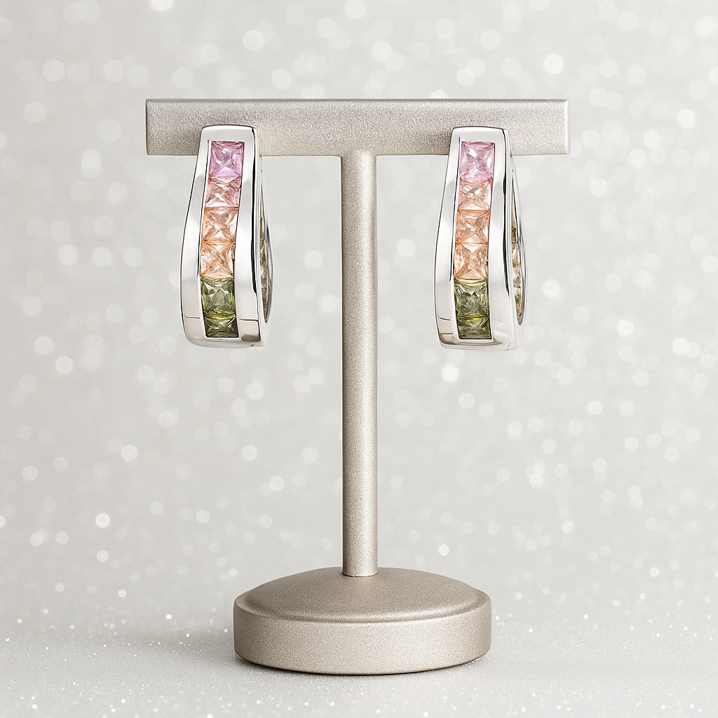 Tricolor Stone Studded Silver Hoops Earring