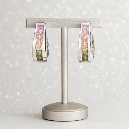 Tricolor Stone Studded Silver Hoops Earring