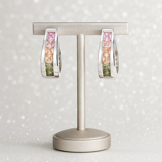 Tricolor Stone Studded Silver Hoops Earring