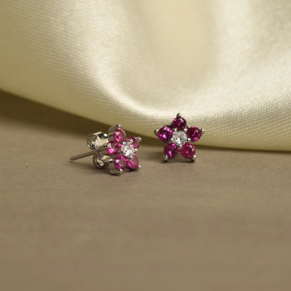 Vibrant Red Stone flower Silver Earrings