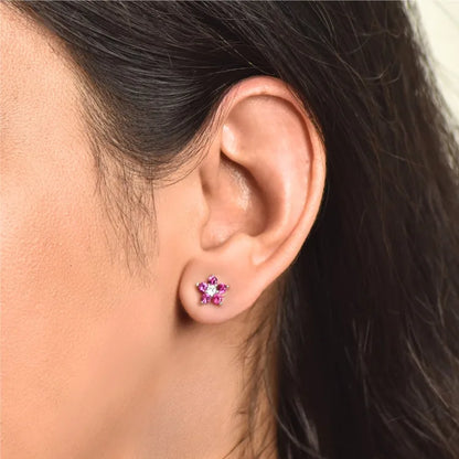 Vibrant Red Stone flower Silver Earrings