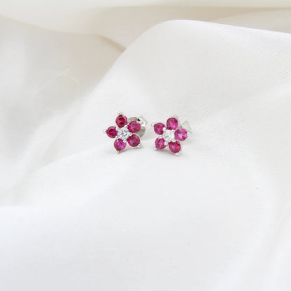 Vibrant Red Stone flower Silver Earrings
