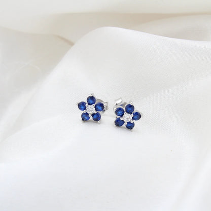Vibrant  Blue Stone flower Silver Earrings