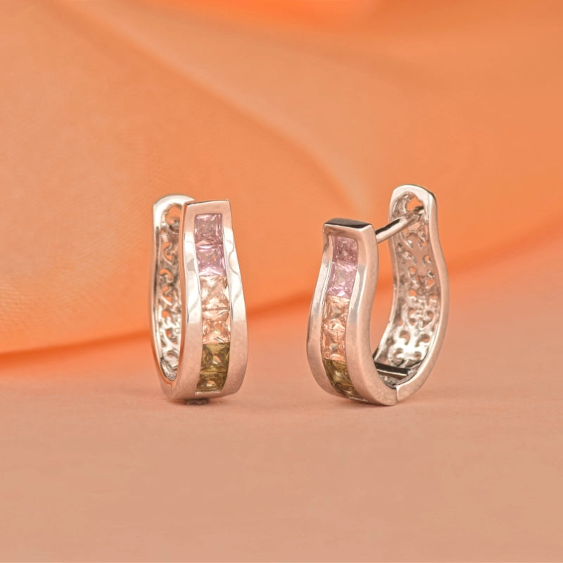 Tricolor Stone Studded Silver Hoops Earring