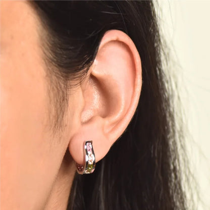 Tricolor Stone Studded Silver Hoops Earring