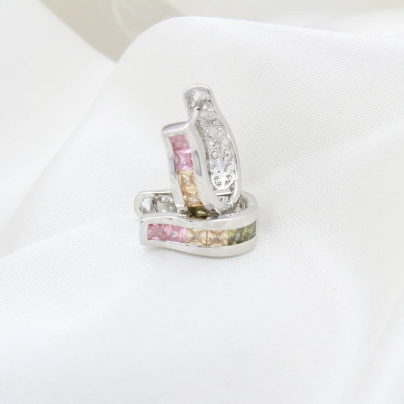 Tricolor Stone Studded Silver Hoops Earring