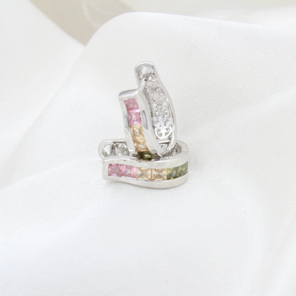 Tricolor Stone Studded Silver Hoops Earring