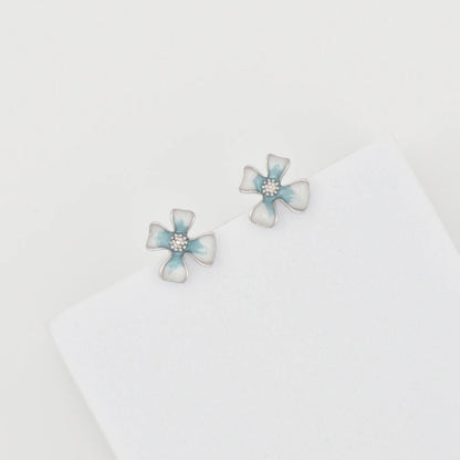 Silver Flower with White and Blue Enamel Earrings