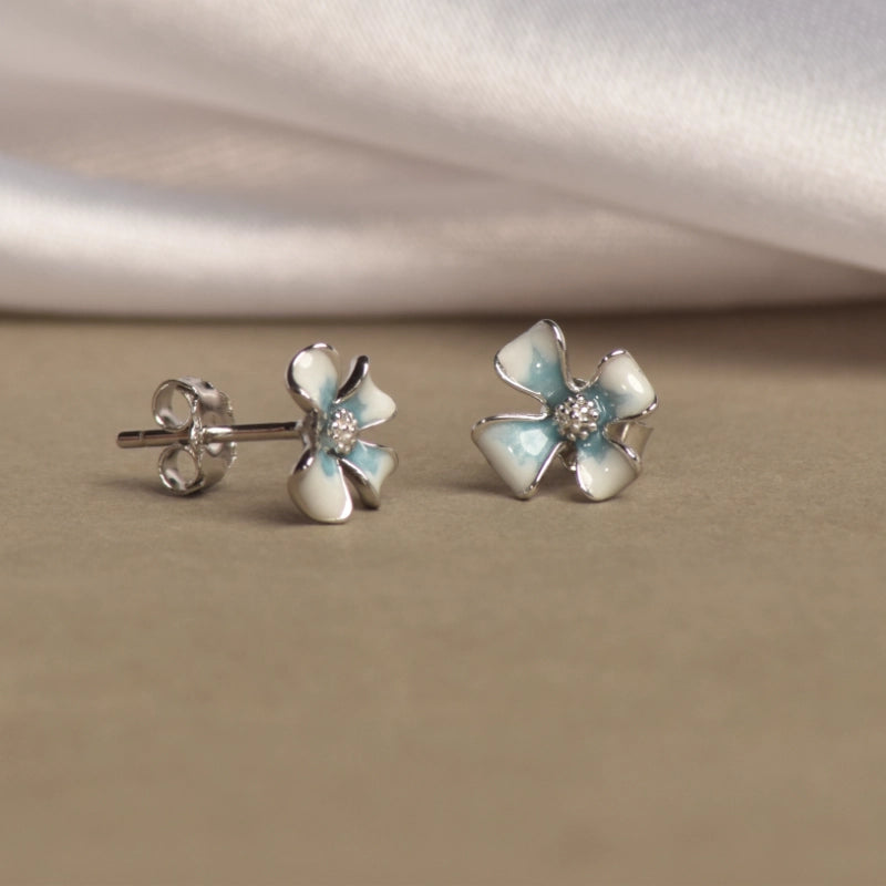 Silver Flower with White and Blue Enamel Earrings