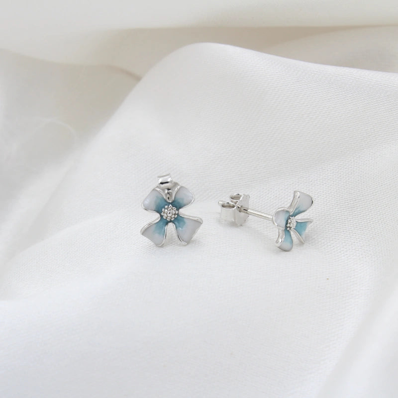 Silver Flower with White and Blue Enamel Earrings