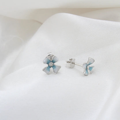 Silver Flower with White and Blue Enamel Earrings