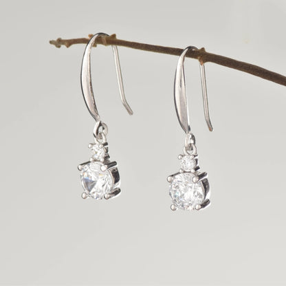 Solitaire Rhodium Plated Silver Fish Hook Earrings