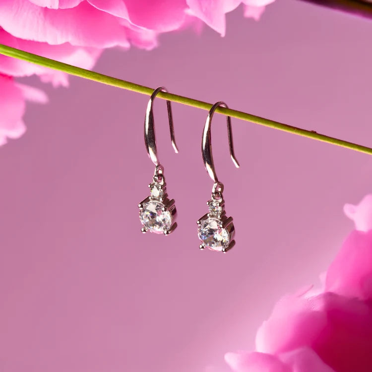 Solitaire Rhodium Plated Silver Fish Hook Earrings