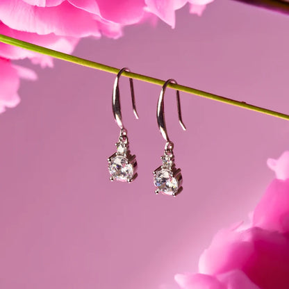 Solitaire Rhodium Plated Silver Fish Hook Earrings