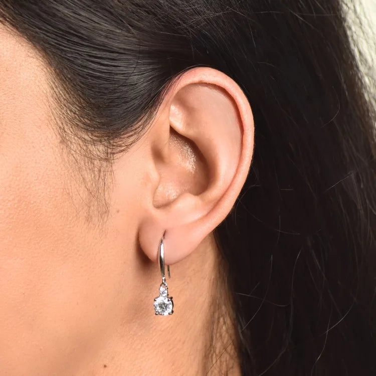 Solitaire Rhodium Plated Silver Fish Hook Earrings