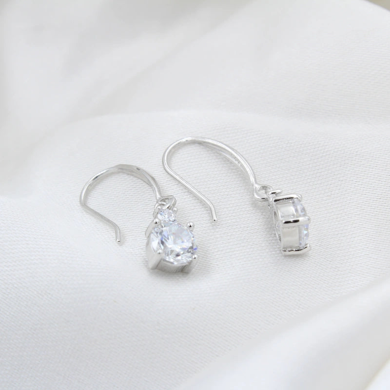 Solitaire Rhodium Plated Silver Fish Hook Earrings