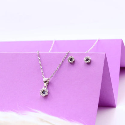 Midnight Bloom Sterling Silver Pendant & Earrings Set with Chain