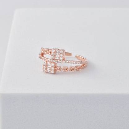 Geometric Chain-Inspired Adjustable Ring in 925 Sterling Silver with Rose Gold Plating