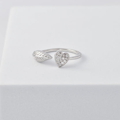 Leaf & Heart Open Ring in 925 Sterling Silver with Rhodium Plating