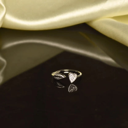 Leaf & Heart Open Ring in 925 Sterling Silver with Rhodium Plating