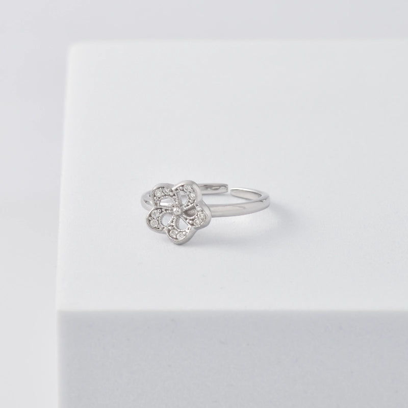 Floral Bloom Adjustable Ring in 925 Sterling Silver with Rhodium Plating