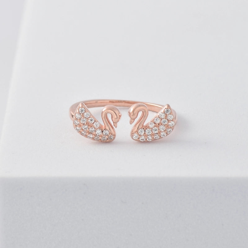 Elegant Swan-Inspired Adjustable Silver Ring With Rose Gold Plating